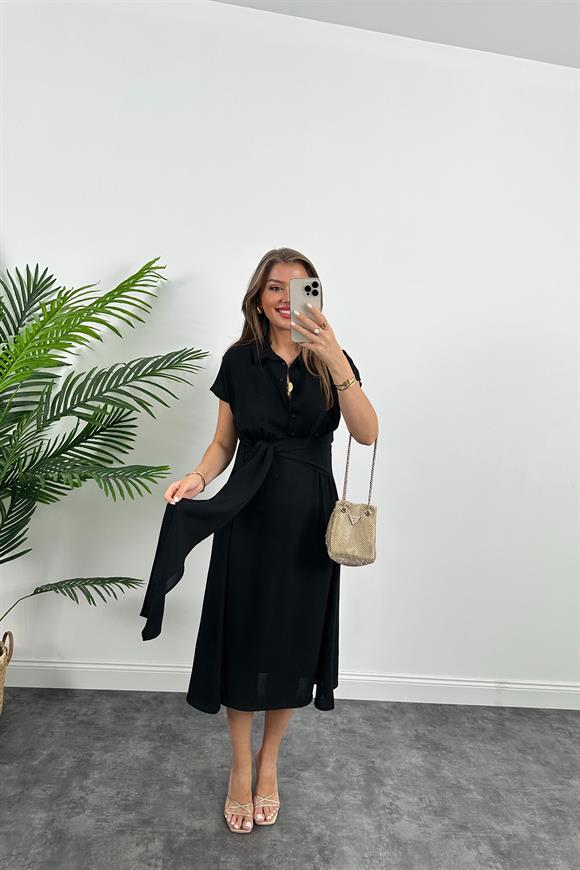 Marka Model Beli Kuşakli Midi Boy Kloş Elbise Siyah