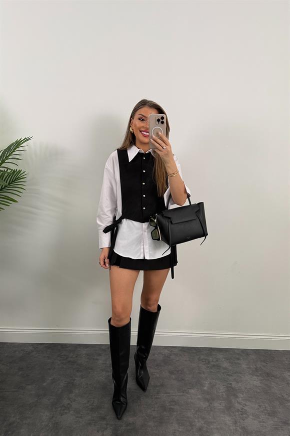 Marka Model Birleşik Tasarım Gömlek Yelek 2li Takım Siyah Beyaz