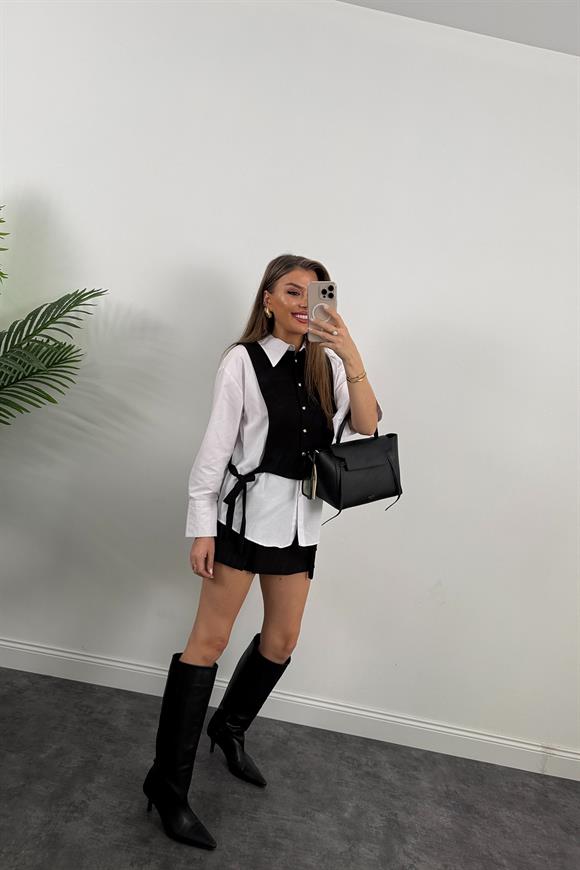 Marka Model Birleşik Tasarım Gömlek Yelek 2li Takım Siyah Beyaz