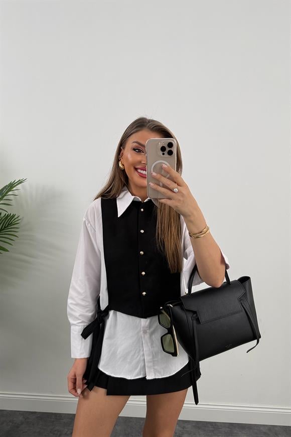 Marka Model Birleşik Tasarım Gömlek Yelek 2li Takım Siyah Beyaz