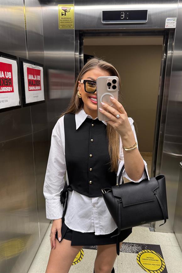 Marka Model Birleşik Tasarım Gömlek Yelek 2li Takım Siyah Beyaz