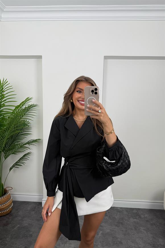 Marka Model Ceket Yaka Kuşaklı Kruvaze Gömlek Siyah