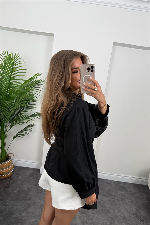 Marka Model Ceket Yaka Kuşaklı Kruvaze Gömlek Siyah