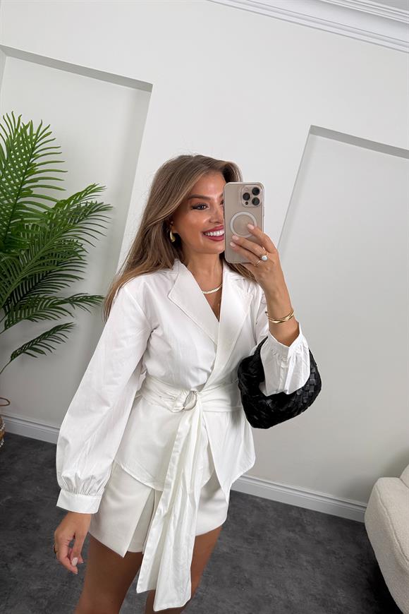 Marka Model Ceket Yaka Kuşaklı Kruvaze Gömlek Beyaz