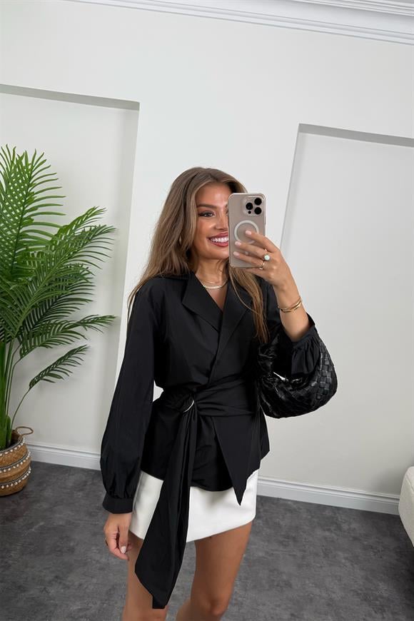 Marka Model Ceket Yaka Kuşaklı Kruvaze Gömlek Siyah