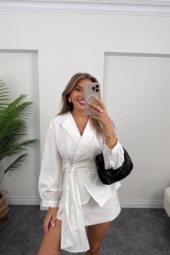 Marka Model Ceket Yaka Kuşaklı Kruvaze Gömlek Beyaz