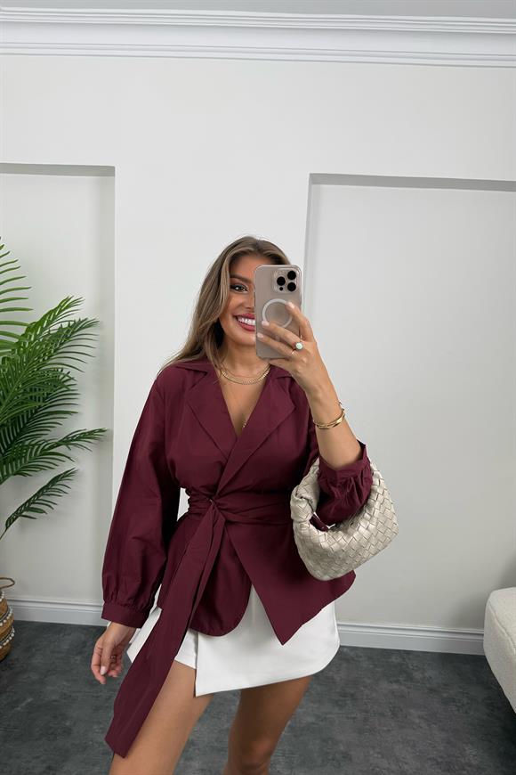 Marka Model Ceket Yaka Kuşaklı Kruvaze Gömlek Bordo