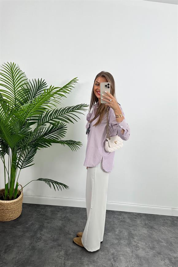 Marka Model Çiçek Broşlu Çizgili Marin Gömlek Pembe