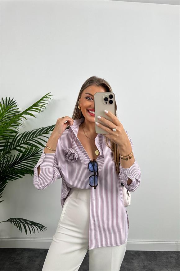 Marka Model Çiçek Broşlu Çizgili Marin Gömlek Pembe