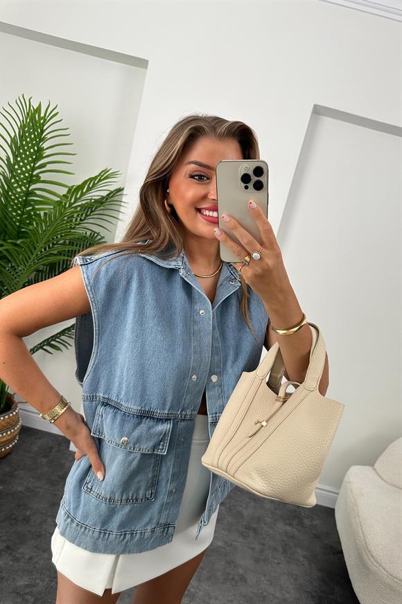 Marka Model Çift Cep Geniş Kol Premium Jean Yelek