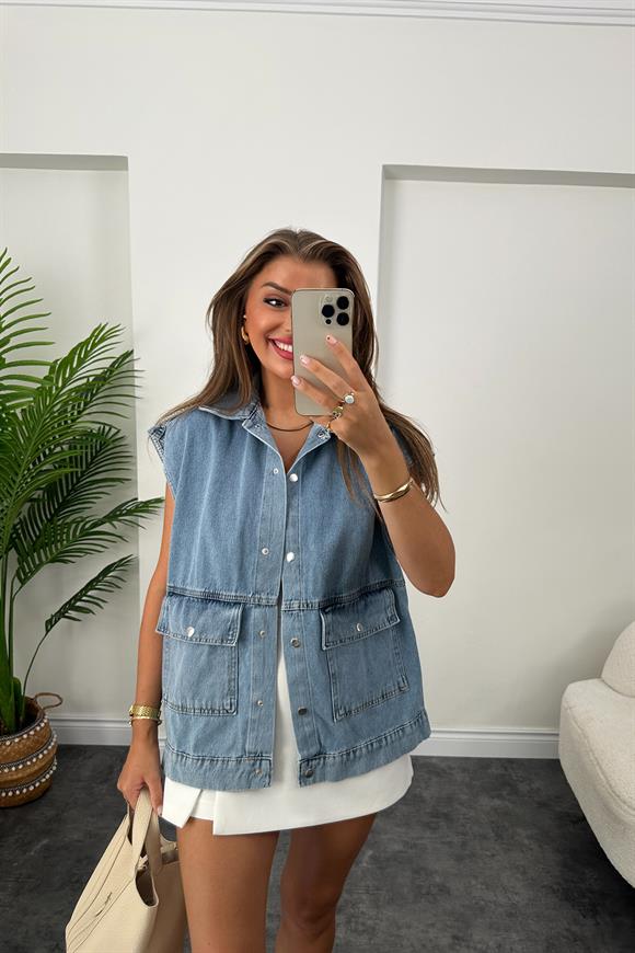 Marka Model Çift Cep Geniş Kol Premium Jean Yelek