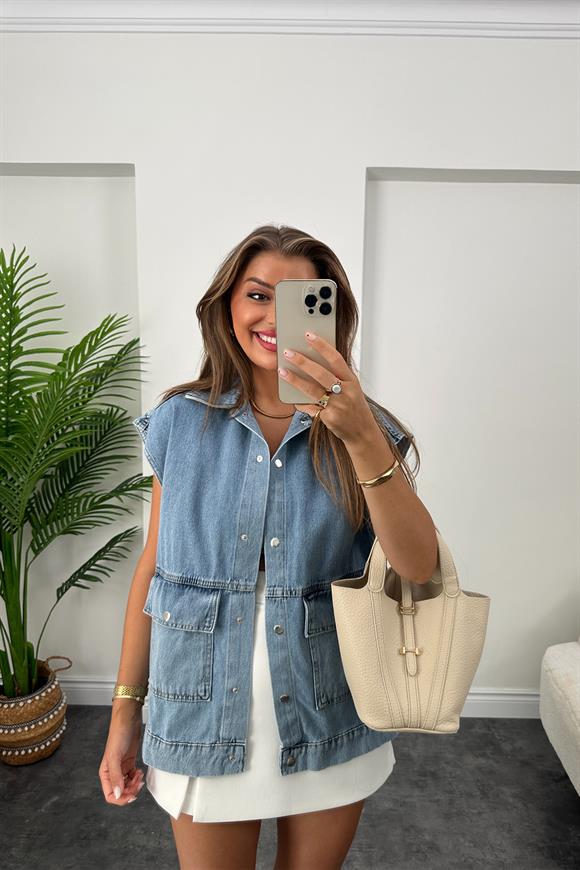 Marka Model Çift Cep Geniş Kol Premium Jean Yelek