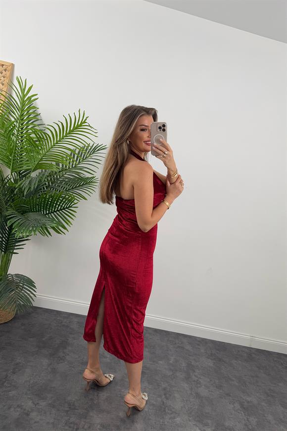 Marka Model Degaje Yaka Likralı Kadife Elbise Bordo