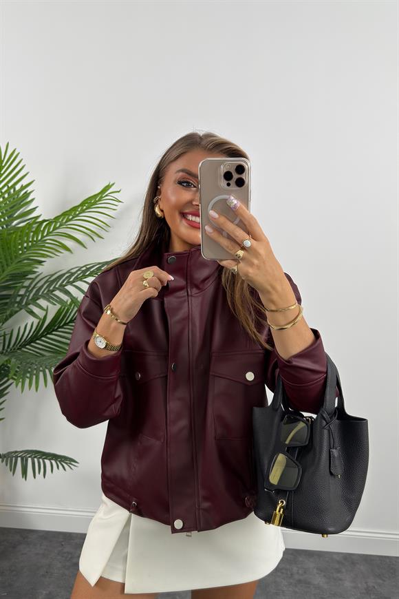 Marka Model Dik Yaka Deri Ceket Bordo