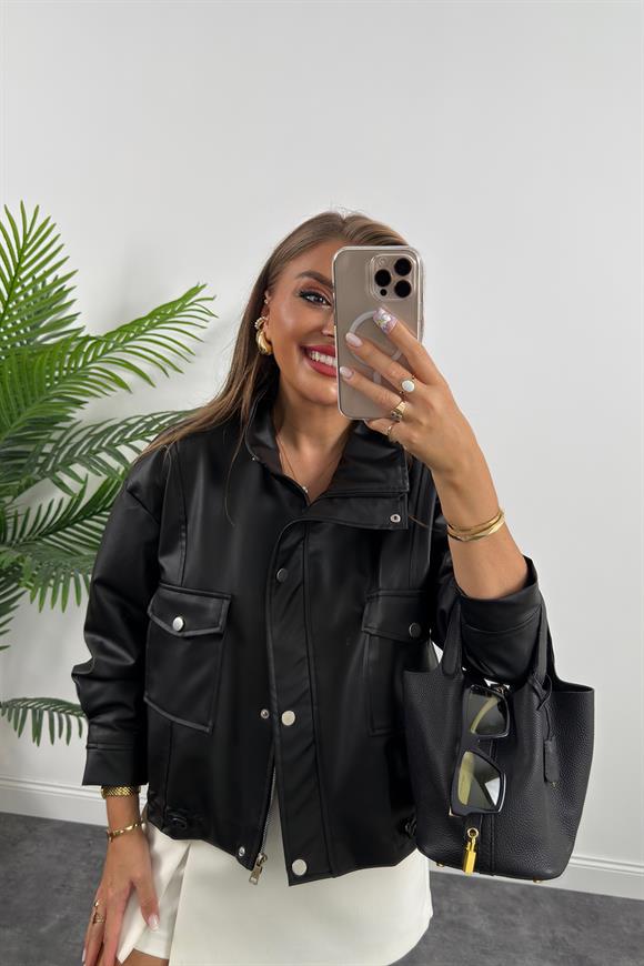 Marka Model Dik Yaka Deri Ceket Siyah