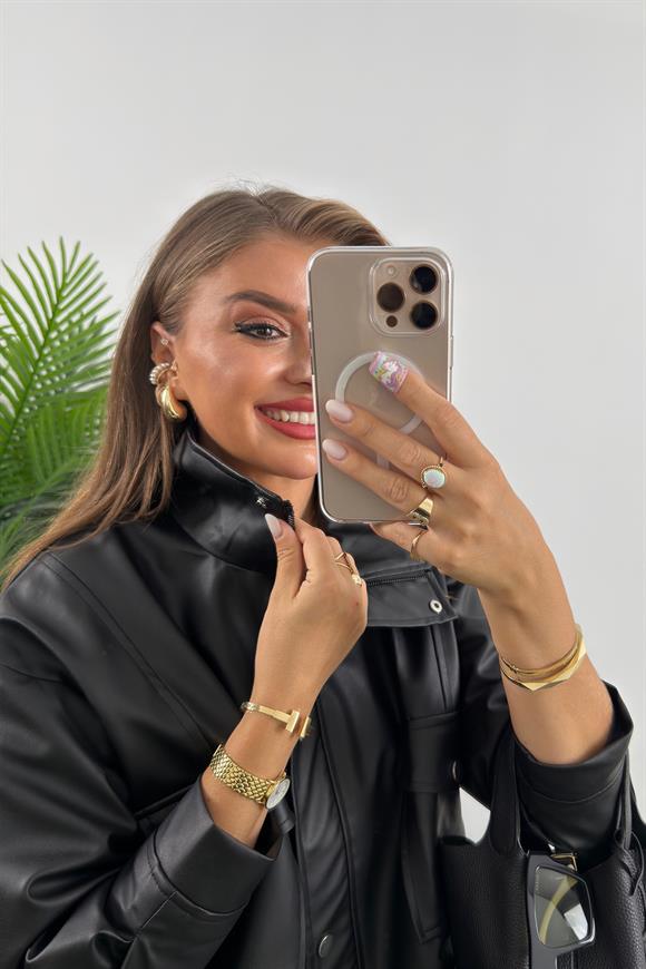 Marka Model Dik Yaka Deri Ceket Siyah