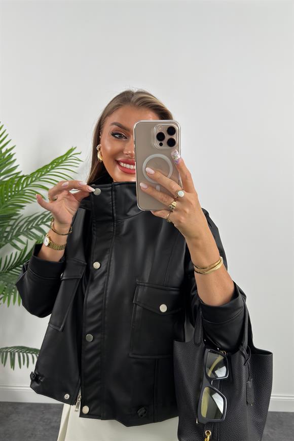 Marka Model Dik Yaka Deri Ceket Siyah