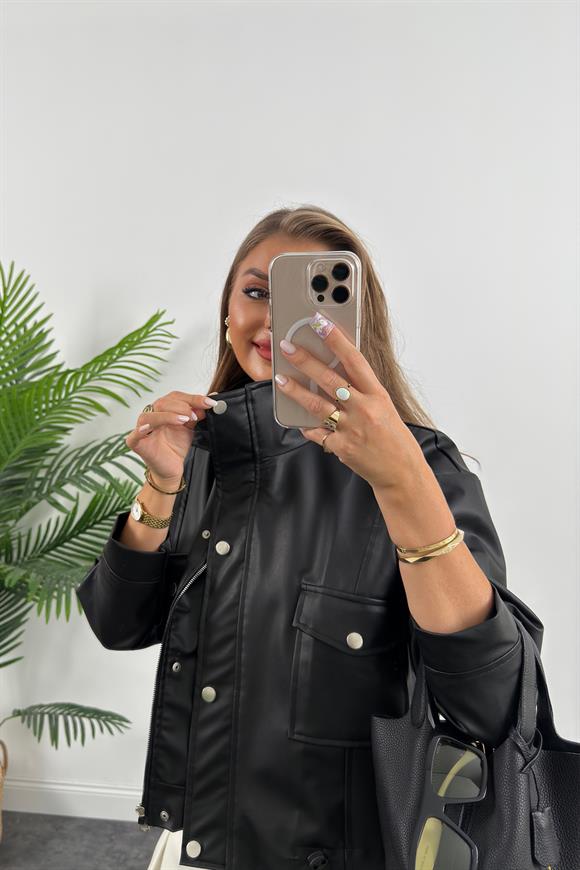 Marka Model Dik Yaka Deri Ceket Siyah