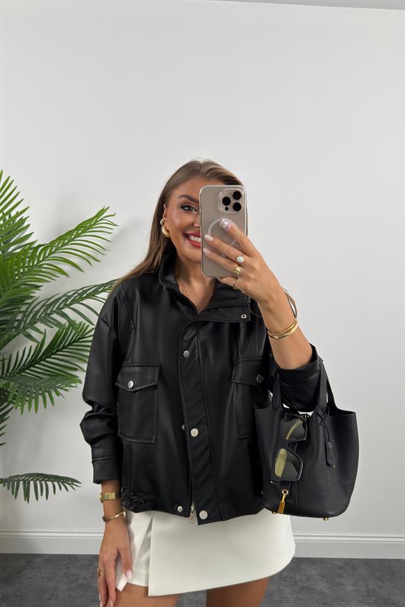 Marka Model Dik Yaka Deri Ceket Siyah