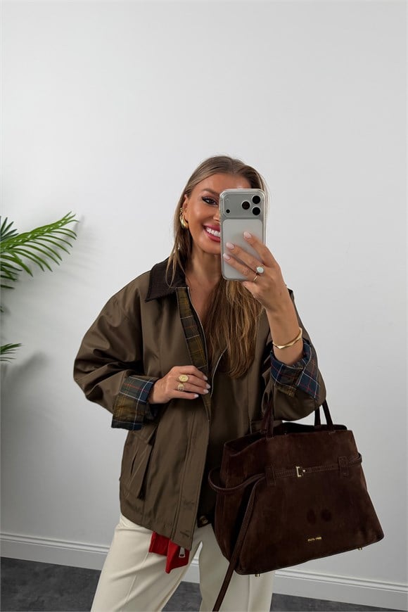 Marka Model Ekoseli Detaylı Parka Kahverengi