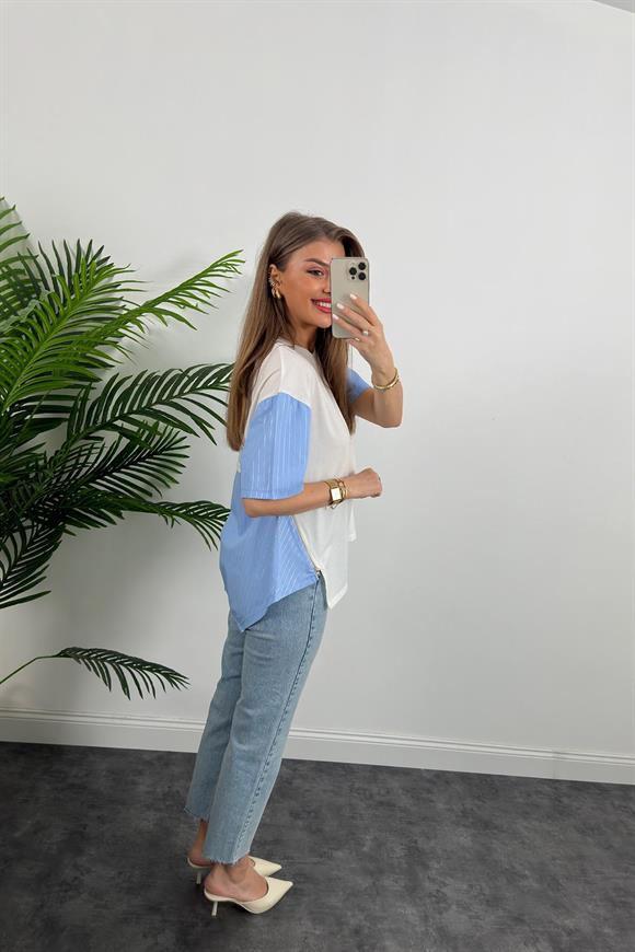 Marka Model Fermuar Detaylı Tasarım Asimetrik Bluz Mavi