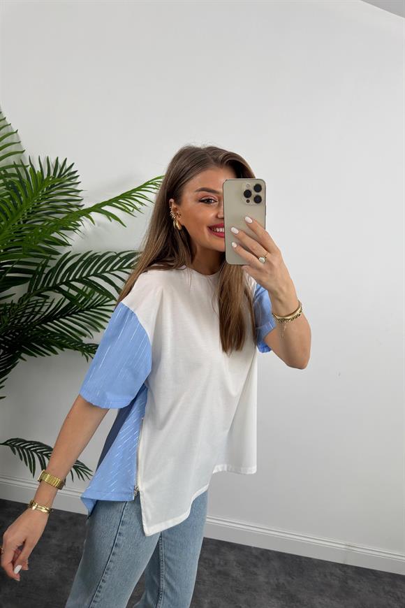 Marka Model Fermuar Detaylı Tasarım Asimetrik Bluz Mavi