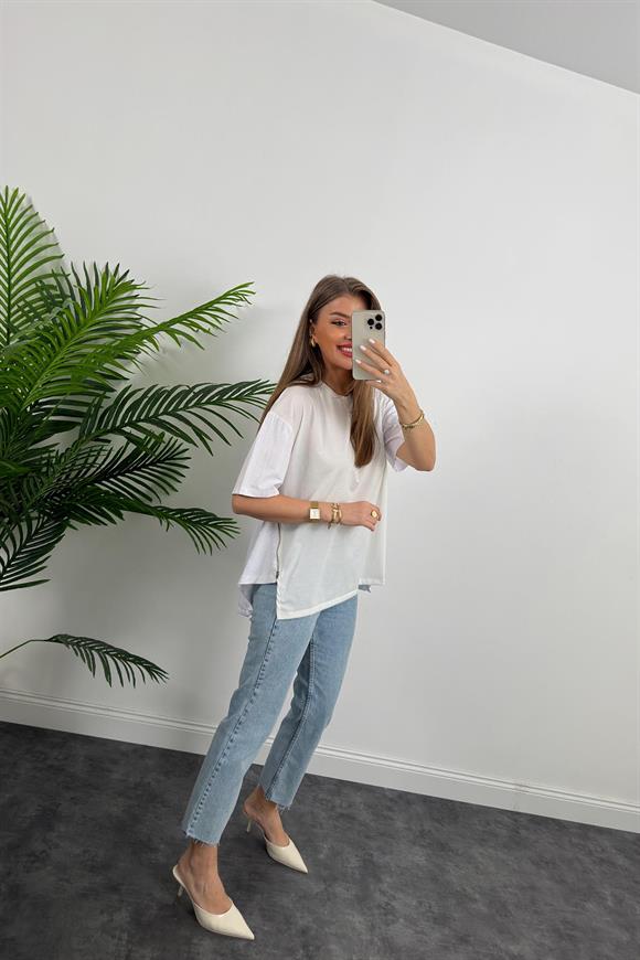 Marka Model Fermuar Detaylı Tasarım Asimetrik Bluz Beyaz 