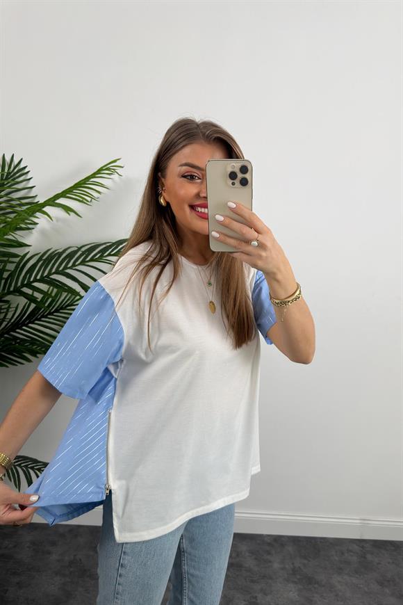 Marka Model Fermuar Detaylı Tasarım Asimetrik Bluz Mavi
