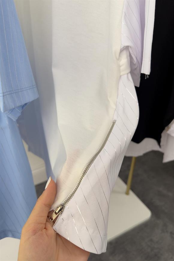 Marka Model Fermuar Detaylı Tasarım Asimetrik Bluz Beyaz 