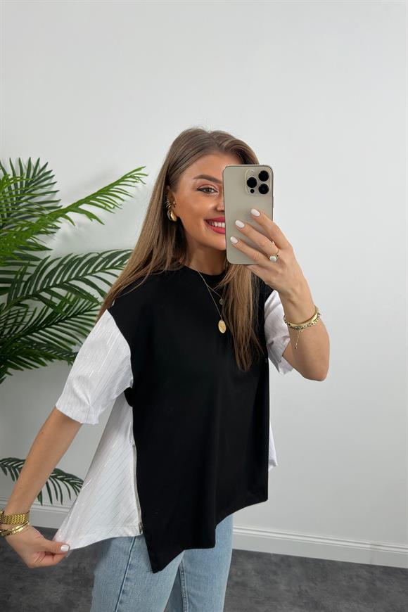 Marka Model Fermuar Detaylı Tasarım Asimetrik Bluz Siyah
