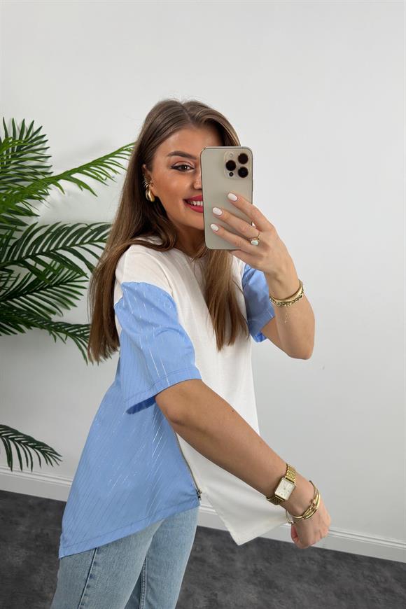 Marka Model Fermuar Detaylı Tasarım Asimetrik Bluz Mavi