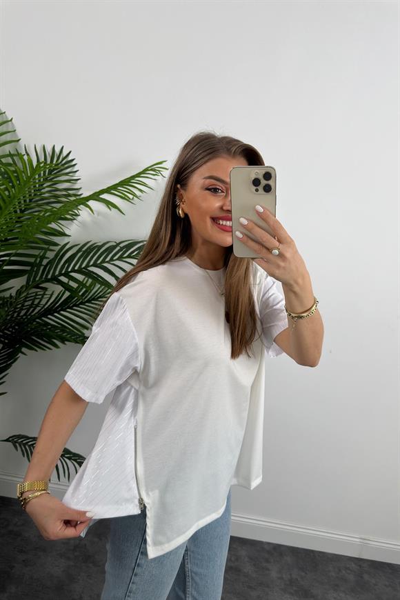 Marka Model Fermuar Detaylı Tasarım Asimetrik Bluz Beyaz 