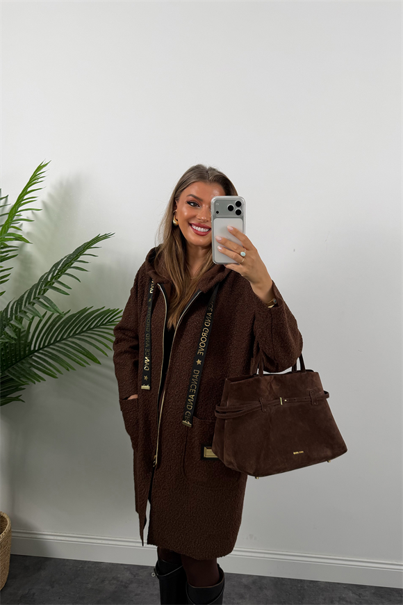 Marka Model Gold Detaylı Buklet Uzun Ceket Acı Kahve