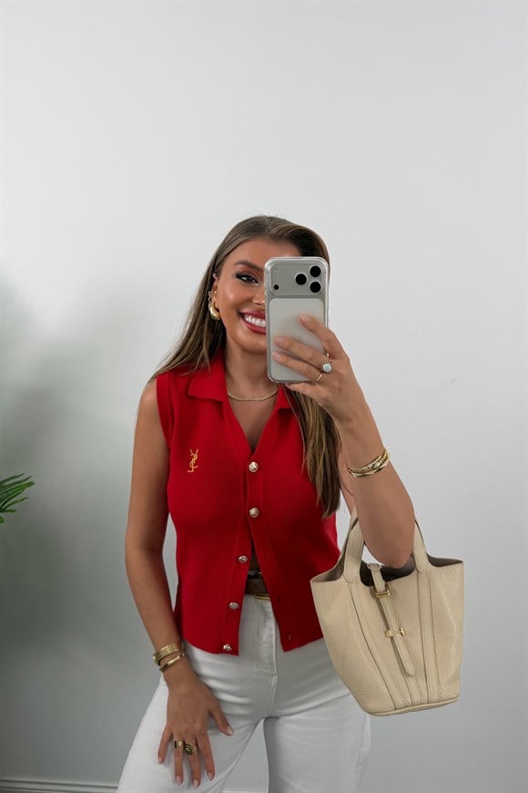 Marka Model Gold Nakışlı Sıfır Kol Triko Yelek Kırmızı
