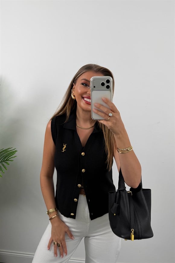 Marka Model Gold Nakışlı Sıfır Kol Triko Yelek Siyah