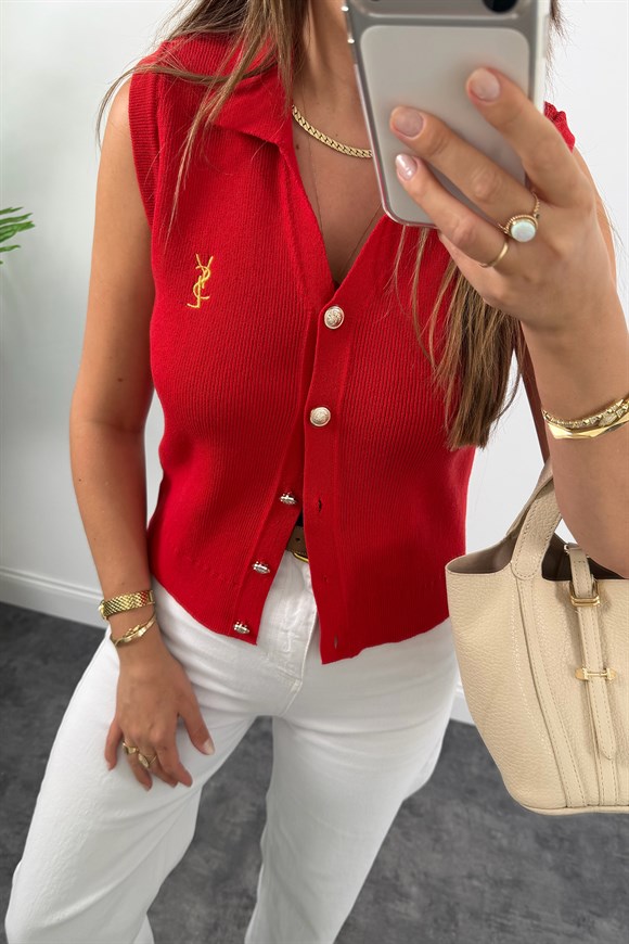 Marka Model Gold Nakışlı Sıfır Kol Triko Yelek Kırmızı
