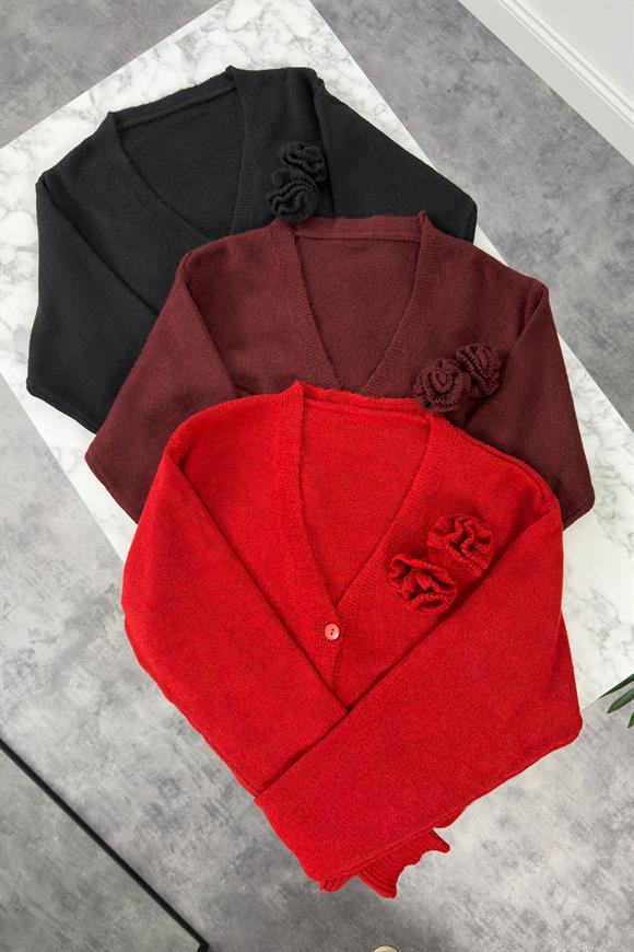 Marka Model Gül Broşlu Basic Yumoş Hırka Bordo