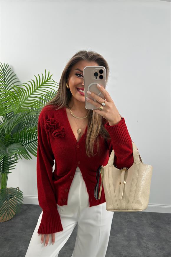 Marka Model Gül Broşlu Basic Yumoş Hırka Kırmızı