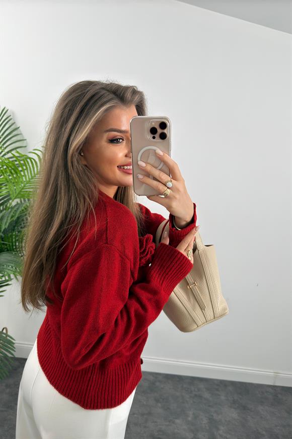Marka Model Gül Broşlu Basic Yumoş Hırka Kırmızı