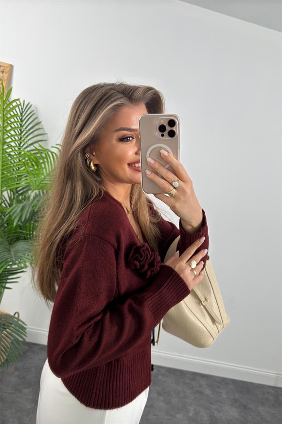 Marka Model Gül Broşlu Basic Yumoş Hırka Bordo