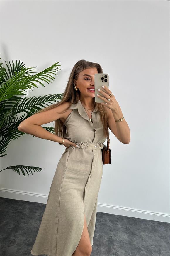 Marka Model Halter Yaka Tasarım Keten Aerobin Elbise Taş