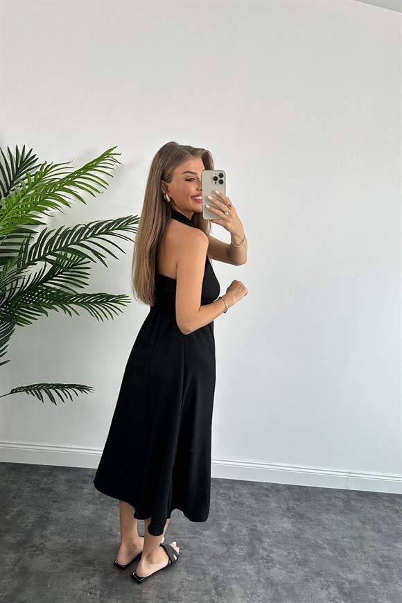 Marka Model Halter Yaka Tasarım Keten Aerobin Elbise Siyah