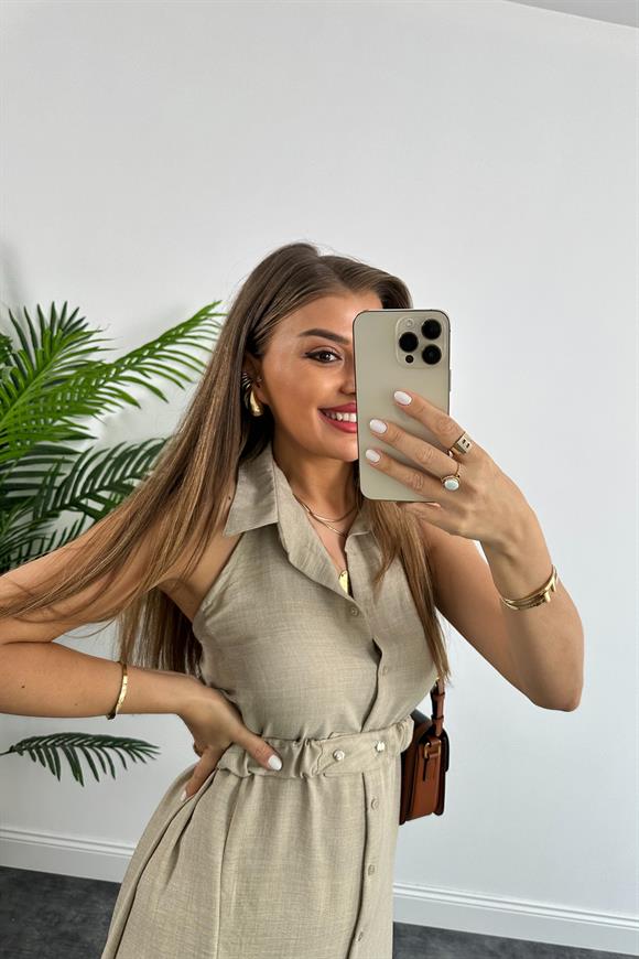 Marka Model Halter Yaka Tasarım Keten Aerobin Elbise Taş