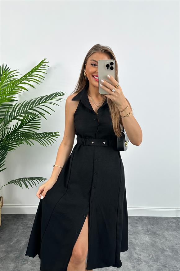 Marka Model Halter Yaka Tasarım Keten Aerobin Elbise Siyah