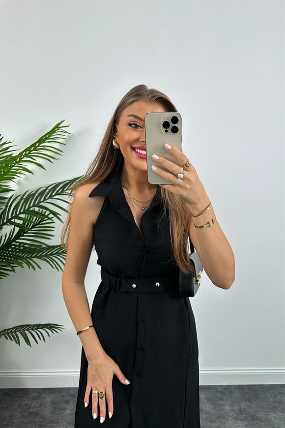 Marka Model Halter Yaka Tasarım Keten Aerobin Elbise Siyah