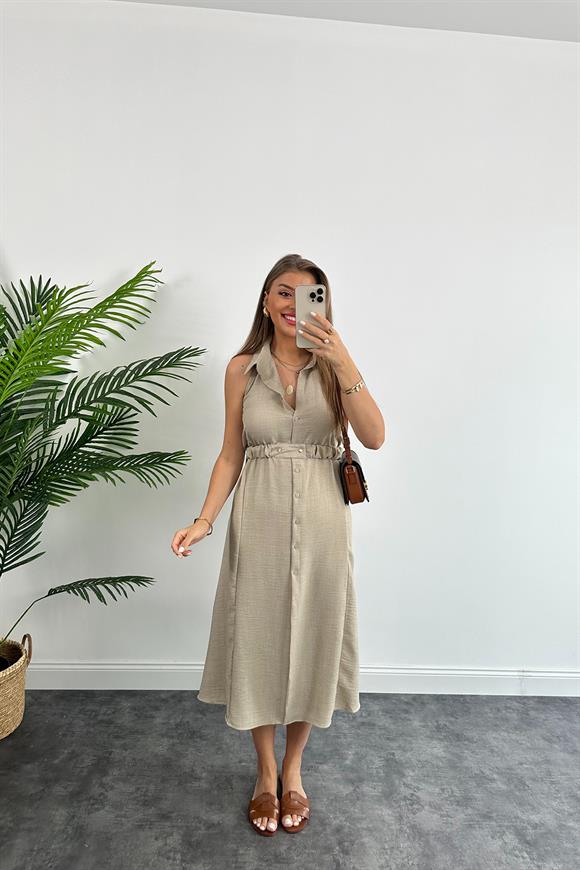 Marka Model Halter Yaka Tasarım Keten Aerobin Elbise Taş