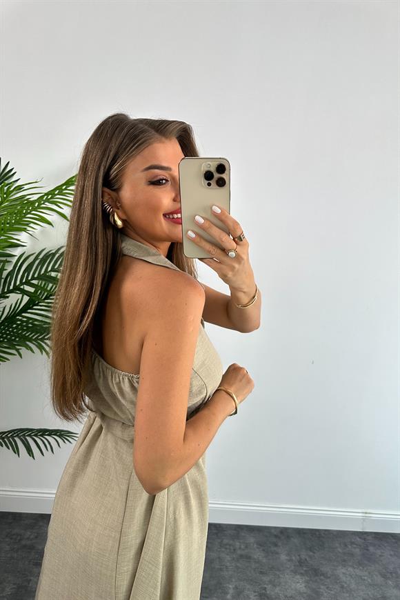 Marka Model Halter Yaka Tasarım Keten Aerobin Elbise Taş