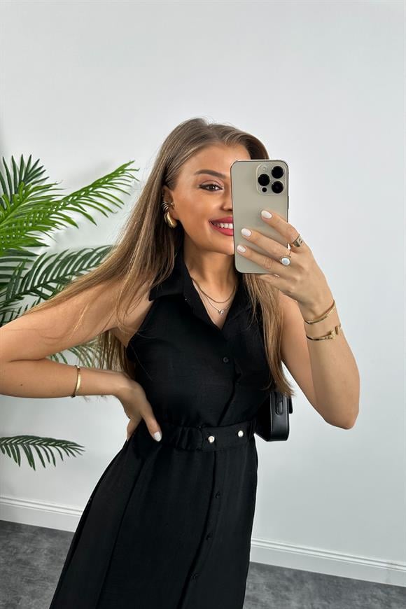 Marka Model Halter Yaka Tasarım Keten Aerobin Elbise Siyah