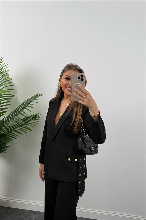 Marka Model Kemeri Zımbalı Tasarım Blazer Ceket Siyah