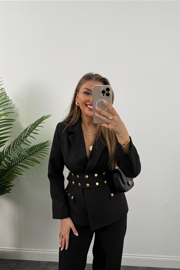 Marka Model Kemeri Zımbalı Tasarım Blazer Ceket Siyah